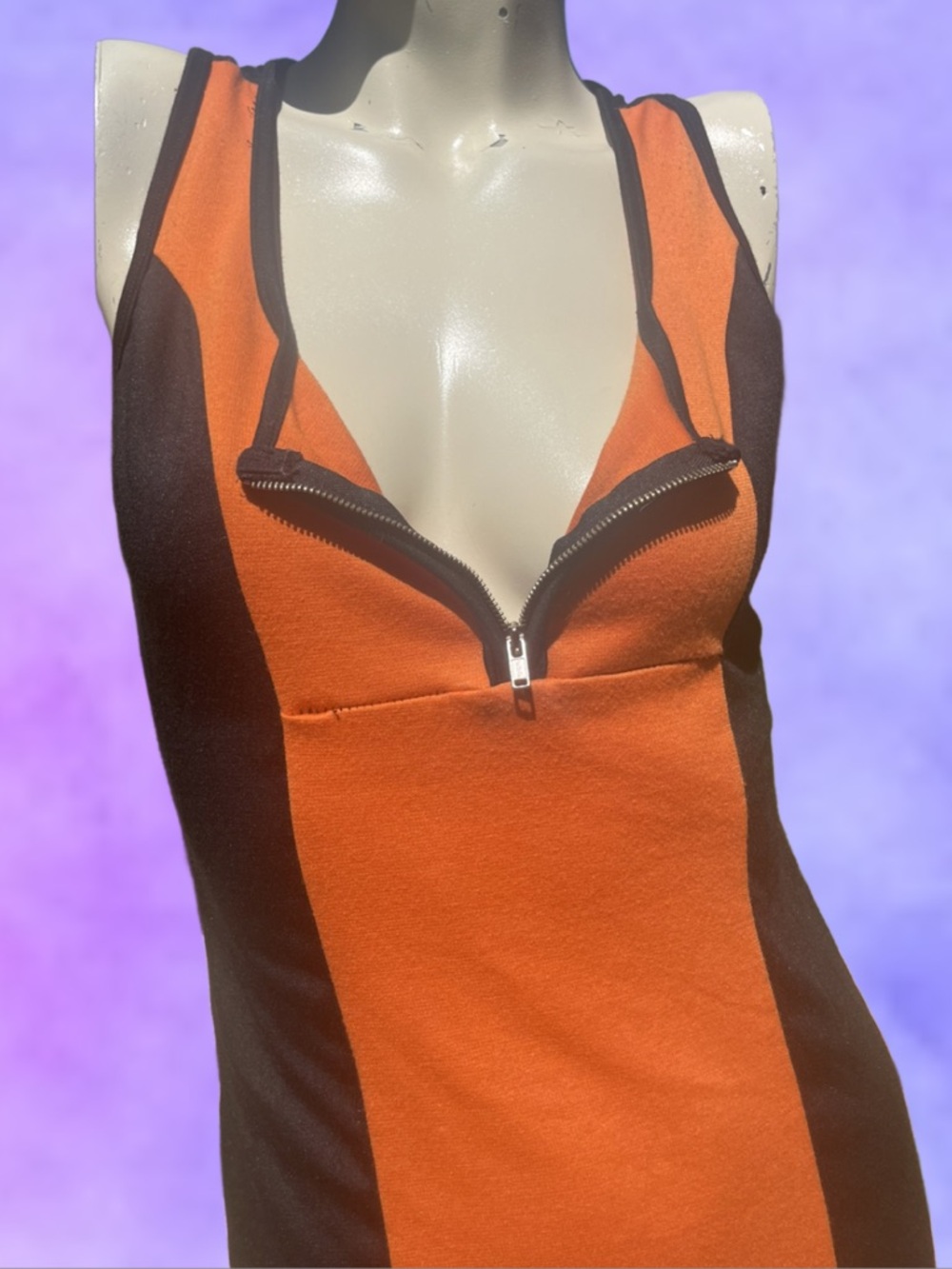 Vintage Sleeveless Orange & Black Zip-Front Bodycon Dress - Picture 2 of 10